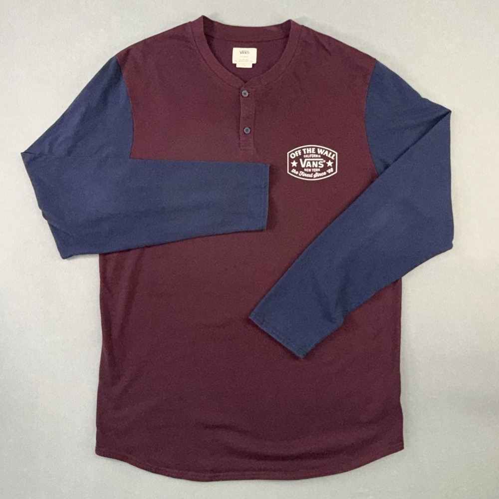 Men's VANS Long Sleeve 1/4 Button Y2K Skateboard Shirt Size Maroon/Navy Blue XL‎